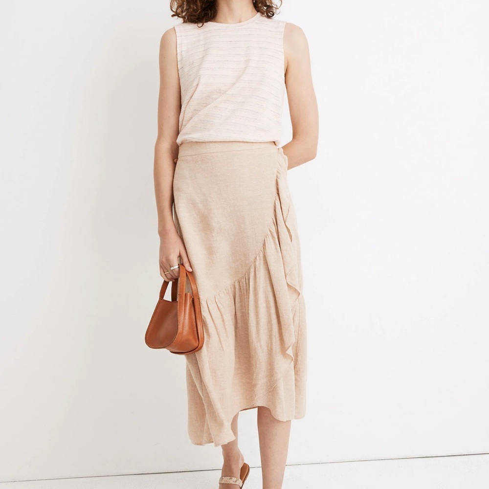 Linen-Blend Ruffle-Wrap Midi Skirt